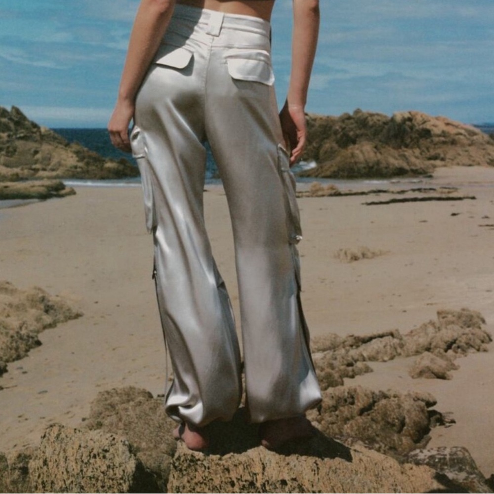 Zara Silver Satin Cargo Pants